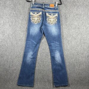 Lamasini Bedazzled Cross Bootcut Jeans Mid Wash Blue Stretch Womens Size 7 #2244